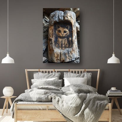Houtsnijwerk van een Kat in een Boomstam canvas met baklijst