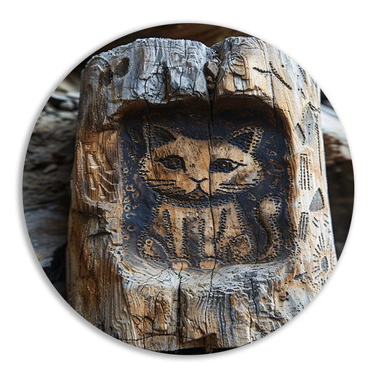 Houtsnijwerk van een Kat in een Boomstam aluminium muurcirkel