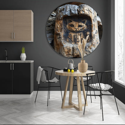 Houtsnijwerk van een Kat in een Boomstam aluminium muurcirkel