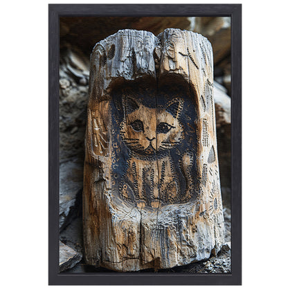 Houtsnijwerk van een Kat in een Boomstam canvas met baklijst