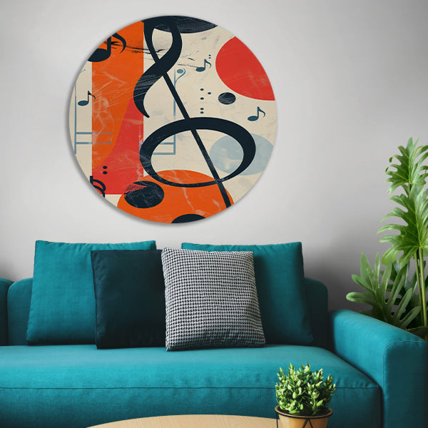 Abstract Muziekcompositie met G-sleutel aluminium muurcirkel