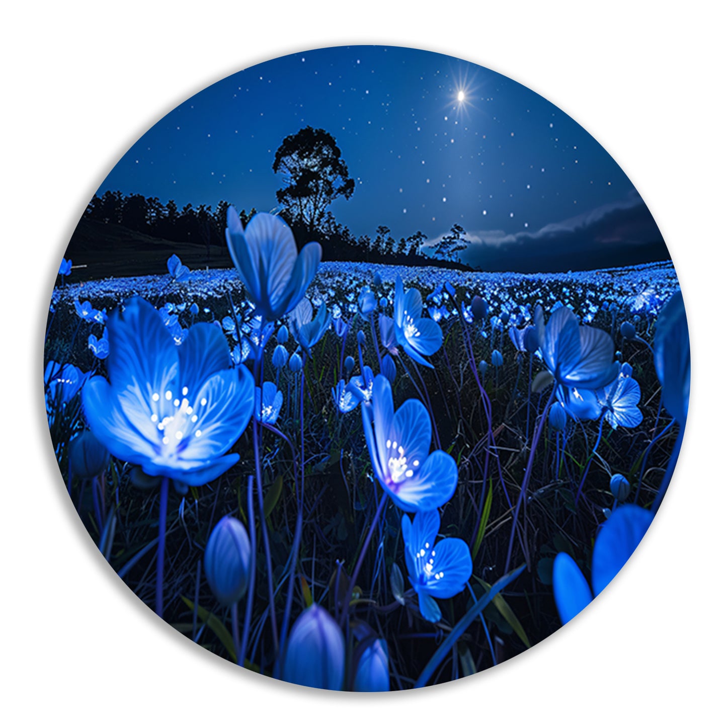 Bioluminescente bloemen in een sterrenhemel aluminium muurcirkel