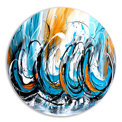 Dynamisch abstract schilderij met kleurcontrast aluminium muurcirkel