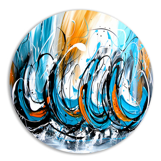 Dynamisch abstract schilderij met kleurcontrast aluminium muurcirkel