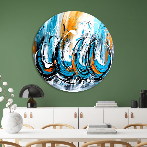 Dynamisch abstract schilderij met kleurcontrast aluminium muurcirkel