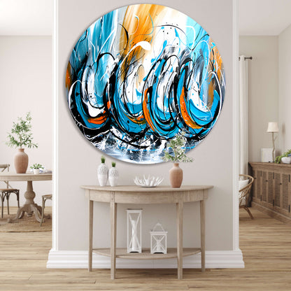 Dynamisch abstract schilderij met kleurcontrast aluminium muurcirkel