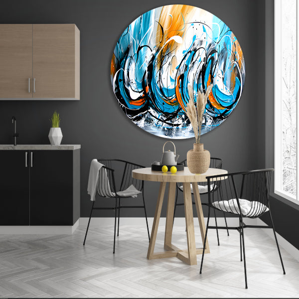 Dynamisch abstract schilderij met kleurcontrast aluminium muurcirkel