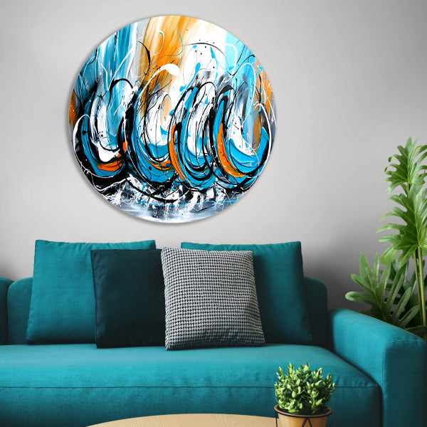 Dynamisch abstract schilderij met kleurcontrast aluminium muurcirkel