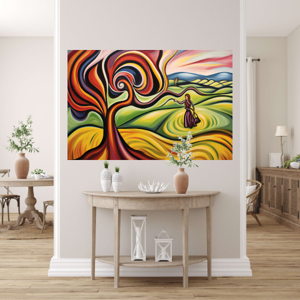 Elegante vrouw en kleurrijke natuur acrylglas