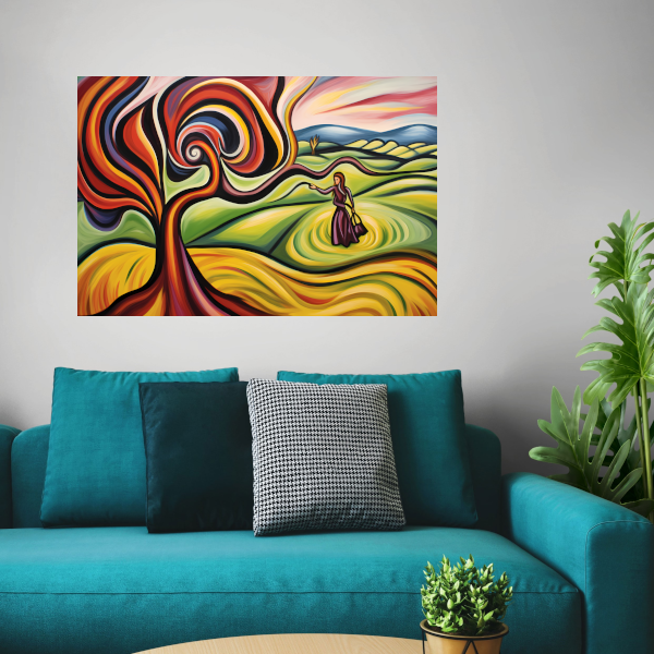 Elegante vrouw en kleurrijke natuur canvas met baklijst