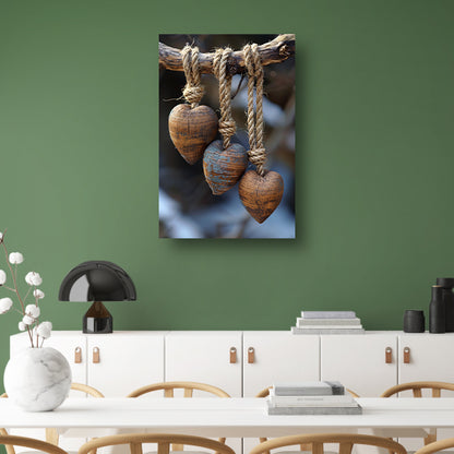 Houten Harten Aan Rustiek Touw Gehangen canvas met baklijst