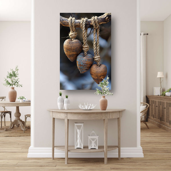 Houten Harten Aan Rustiek Touw Gehangen canvas met baklijst