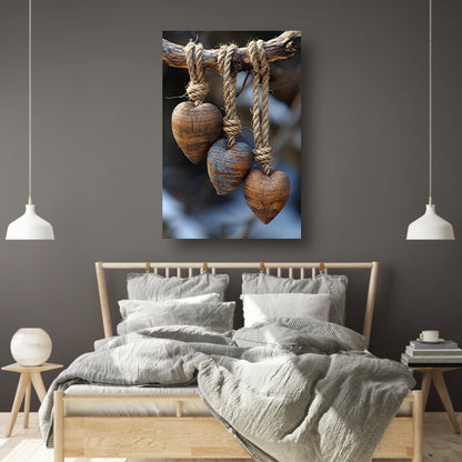 Houten Harten Aan Rustiek Touw Gehangen canvas met baklijst