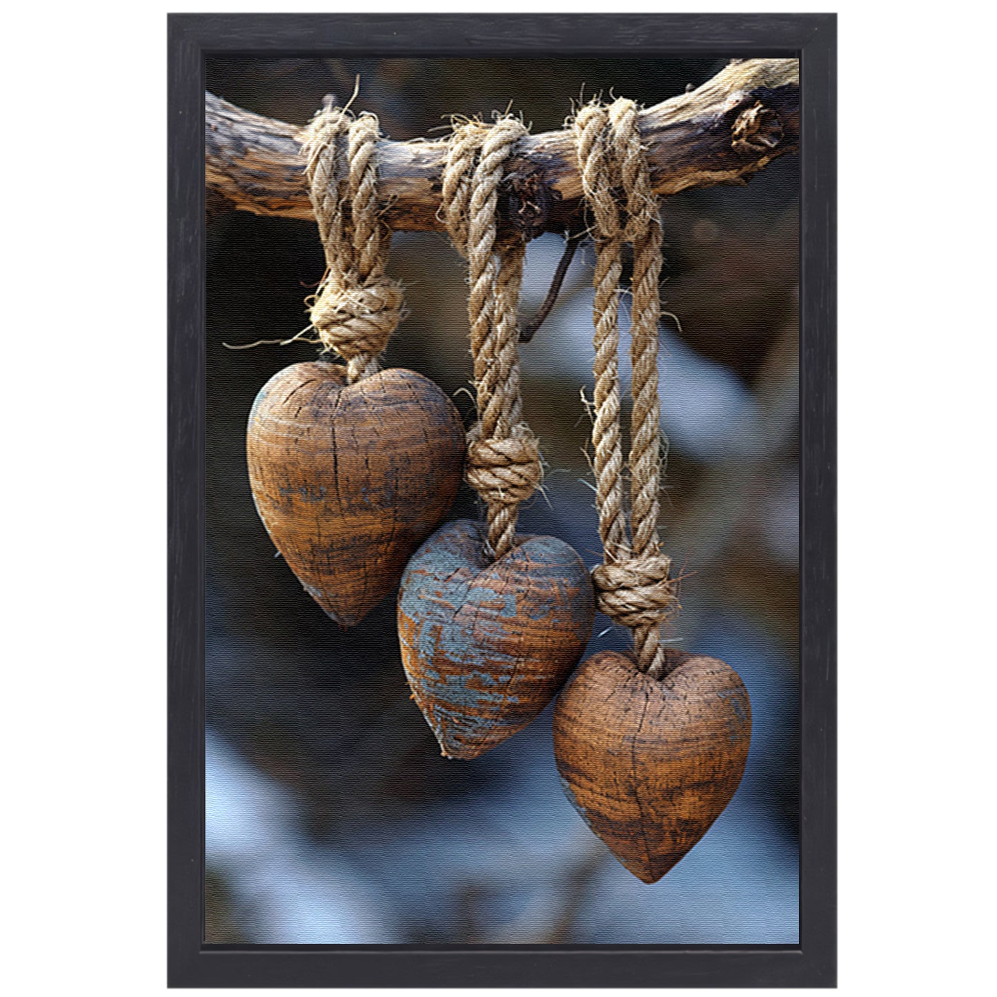 Houten Harten Aan Rustiek Touw Gehangen canvas met baklijst