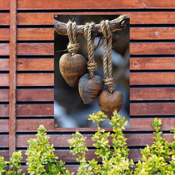 Houten Harten Aan Rustiek Touw Gehangen tuinposter