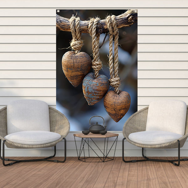 Houten Harten Aan Rustiek Touw Gehangen tuinposter