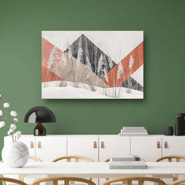 Abstracte minimalistische kunst met planten en bergen canvas met baklijst