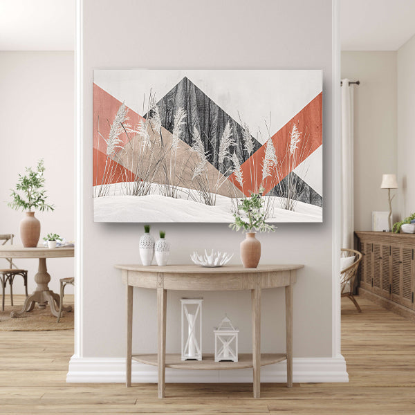 Abstracte minimalistische kunst met planten en bergen canvas met baklijst