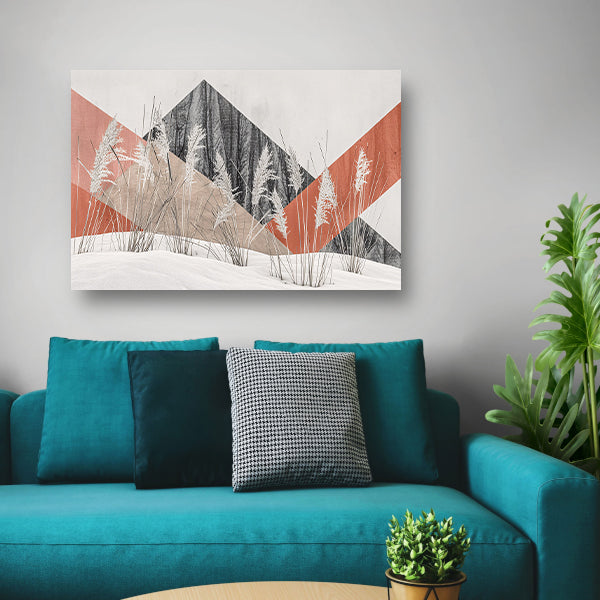 Abstracte minimalistische kunst met planten en bergen canvas met baklijst