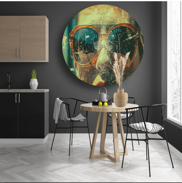 Abstracte compositie met dynamische kleuren aluminium muurcirkel