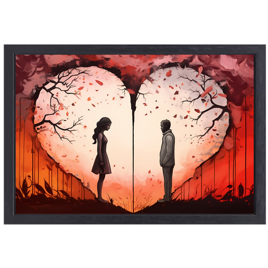 Scheiding door liefde, hartvormige zonsondergang canvas met baklijst