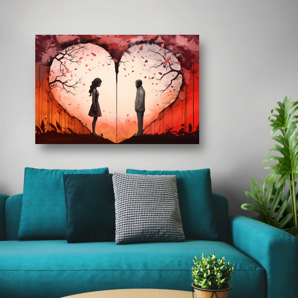 Scheiding door liefde, hartvormige zonsondergang canvas