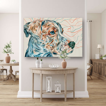 Kleurrijke abstracte hond lijntekening schilderij canvas met baklijst