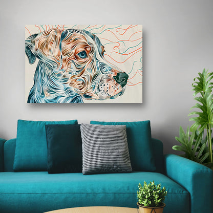 Kleurrijke abstracte hond lijntekening schilderij canvas met baklijst
