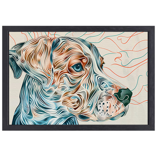 Kleurrijke abstracte hond lijntekening schilderij canvas met baklijst
