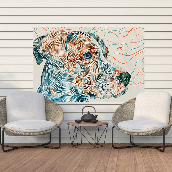 Kleurrijke abstracte hond lijntekening schilderij tuinposter