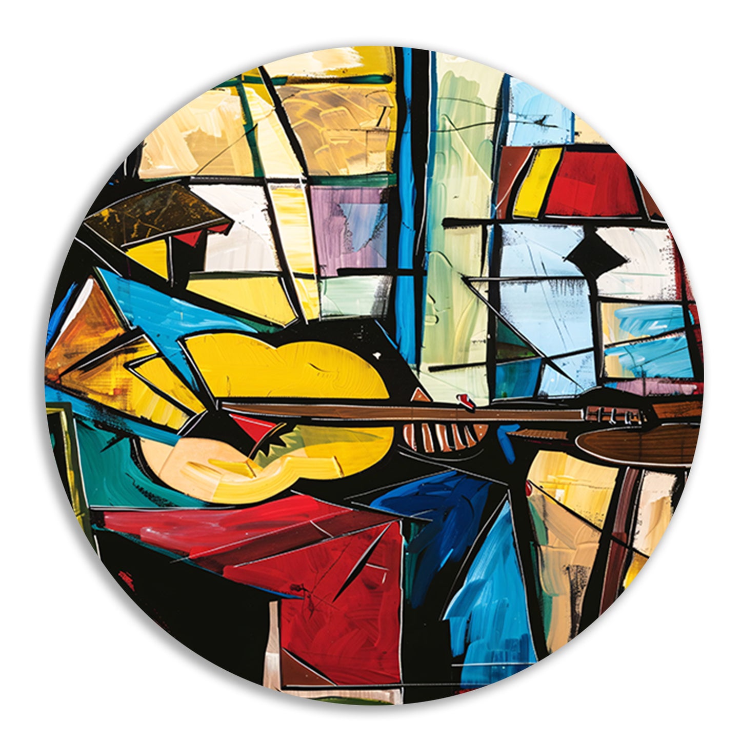 Kubistische Gitarist in Kleurrijk Interieur aluminium muurcirkel