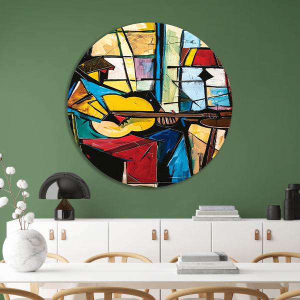 Kubistische Gitarist in Kleurrijk Interieur aluminium muurcirkel