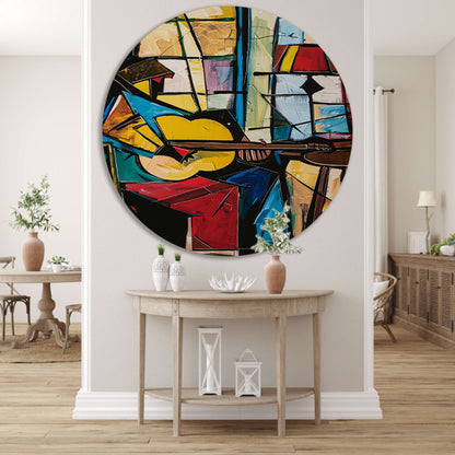Kubistische Gitarist in Kleurrijk Interieur aluminium muurcirkel