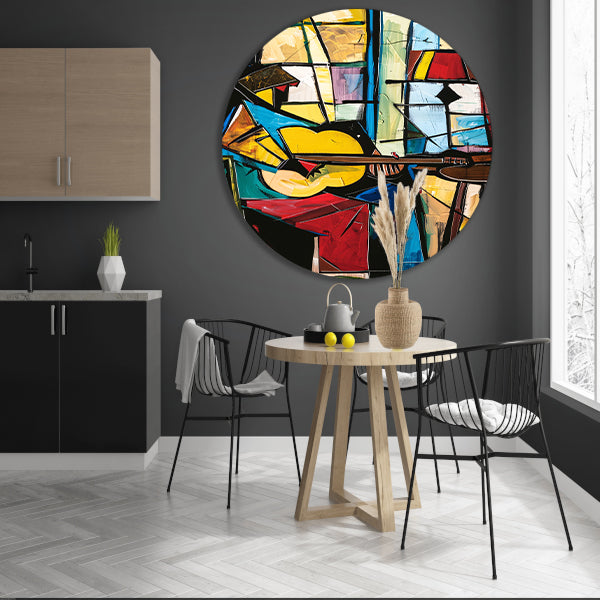 Kubistische Gitarist in Kleurrijk Interieur aluminium muurcirkel