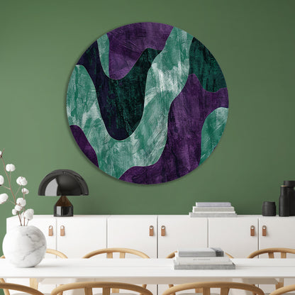 Abstract kunstwerk met paarse en groene lijnen aluminium muurcirkel
