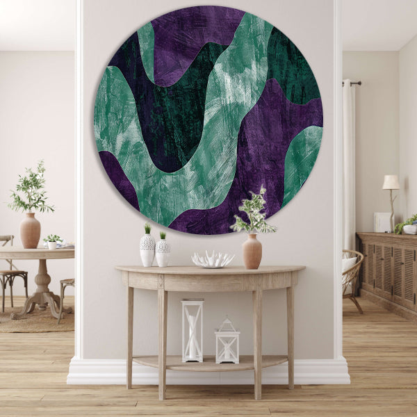 Abstract kunstwerk met paarse en groene lijnen aluminium muurcirkel