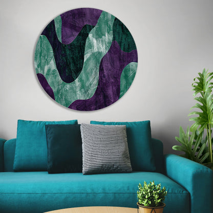 Abstract kunstwerk met paarse en groene lijnen aluminium muurcirkel