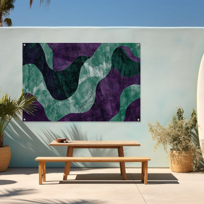 Abstract kunstwerk met paarse en groene lijnen tuinposter