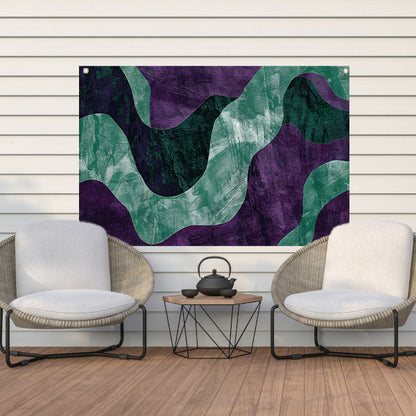 Abstract kunstwerk met paarse en groene lijnen tuinposter