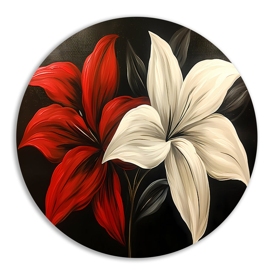 Abstracte bloemen in rood en wit aluminium muurcirkel