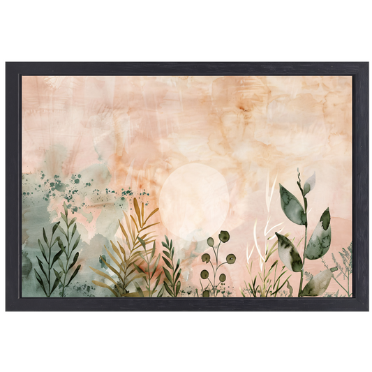Zonsopkomst in Sepia met Groene Flora canvas met baklijst