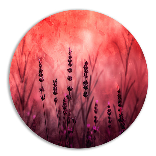 Silhouetten van lavendel tegen rode achtergrond aluminium muurcirkel