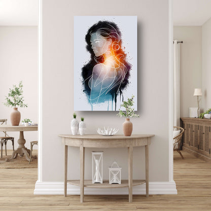Vrouw in Abstracte Kleuren en Lijnen canvas met baklijst