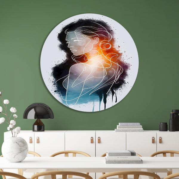 Vrouw in Abstracte Kleuren en Lijnen forex muurcirkel