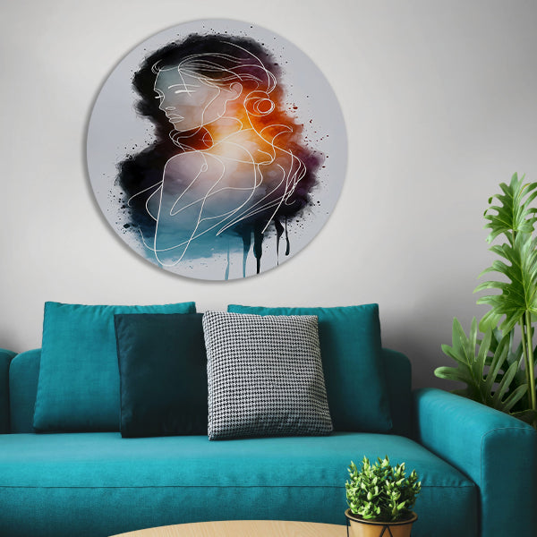 Vrouw in Abstracte Kleuren en Lijnen forex muurcirkel