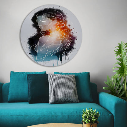 Vrouw in Abstracte Kleuren en Lijnen forex muurcirkel