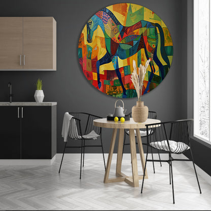 Kleurrijk abstract schilderij van een paard aluminium muurcirkel