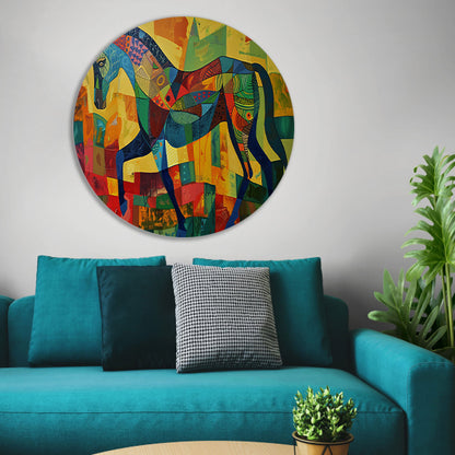 Kleurrijk abstract schilderij van een paard aluminium muurcirkel