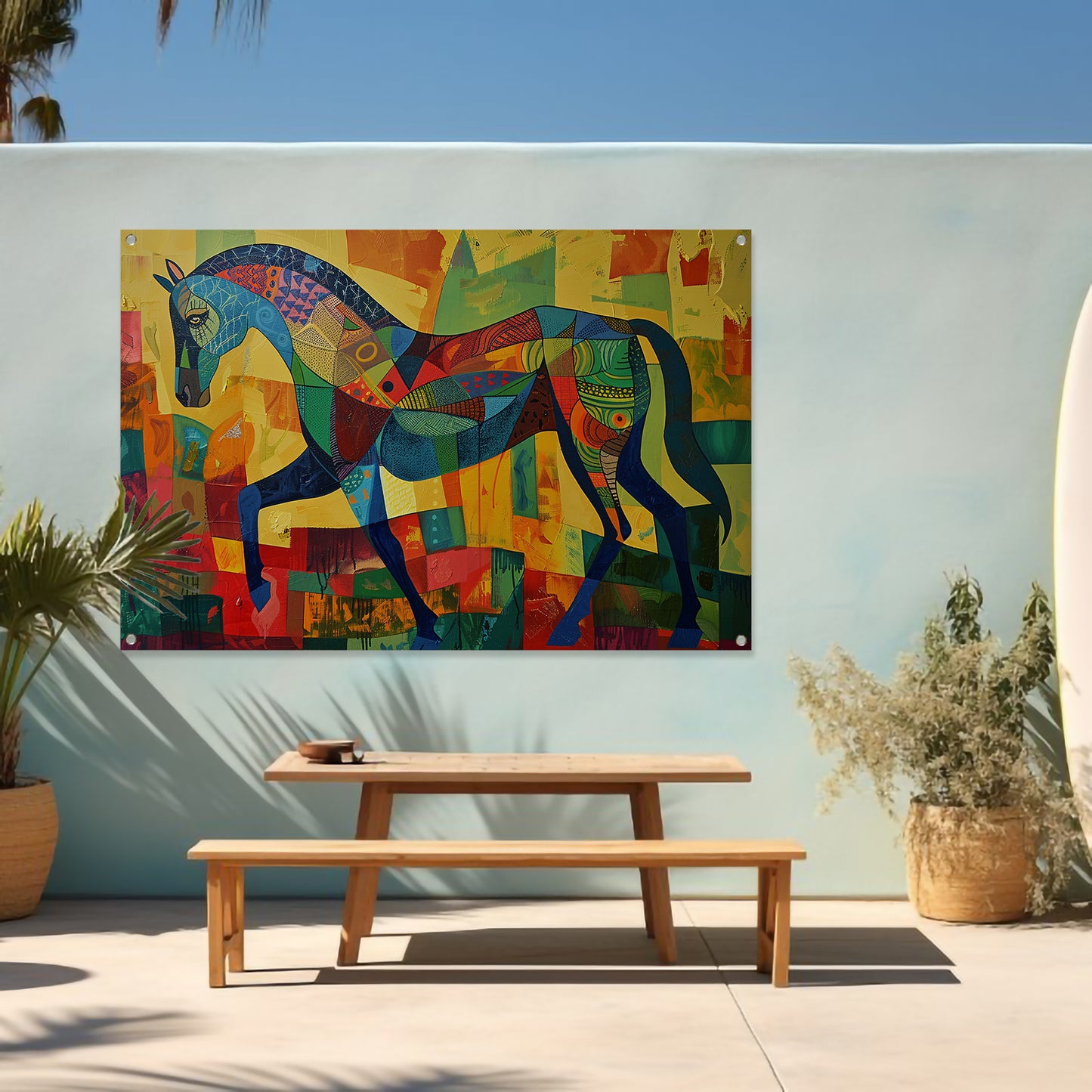 Kleurrijk abstract schilderij van een paard tuinposter
