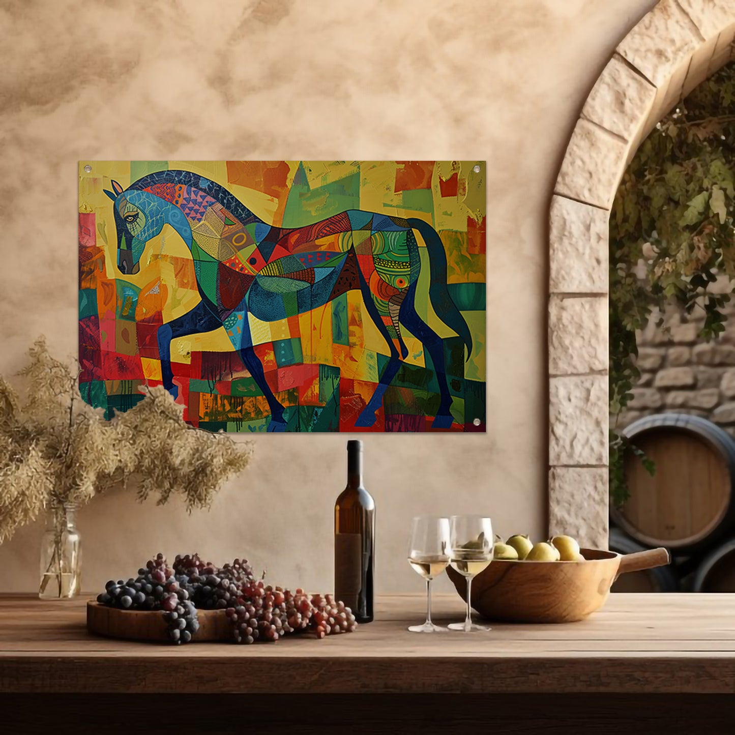 Kleurrijk abstract schilderij van een paard tuinposter
